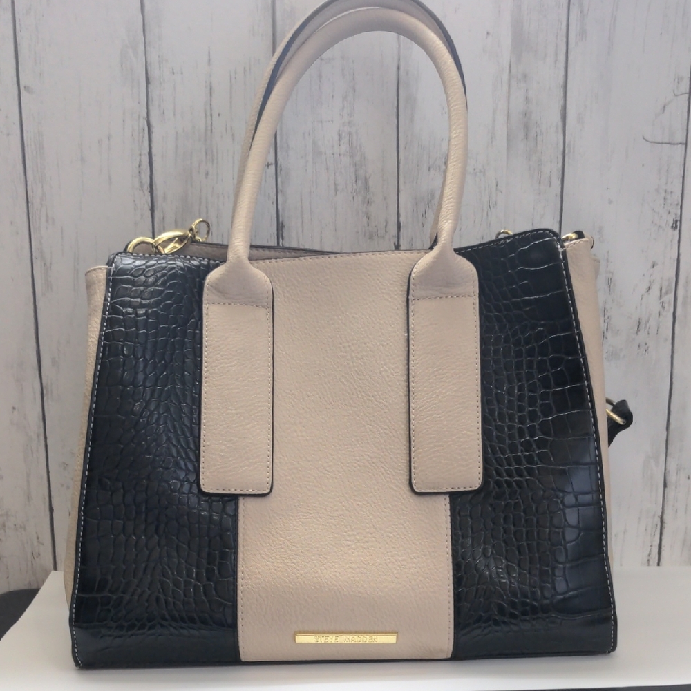 Steve Madden Satchel Two Tone Croc Embossed Cross Body Handbag Gold Tone